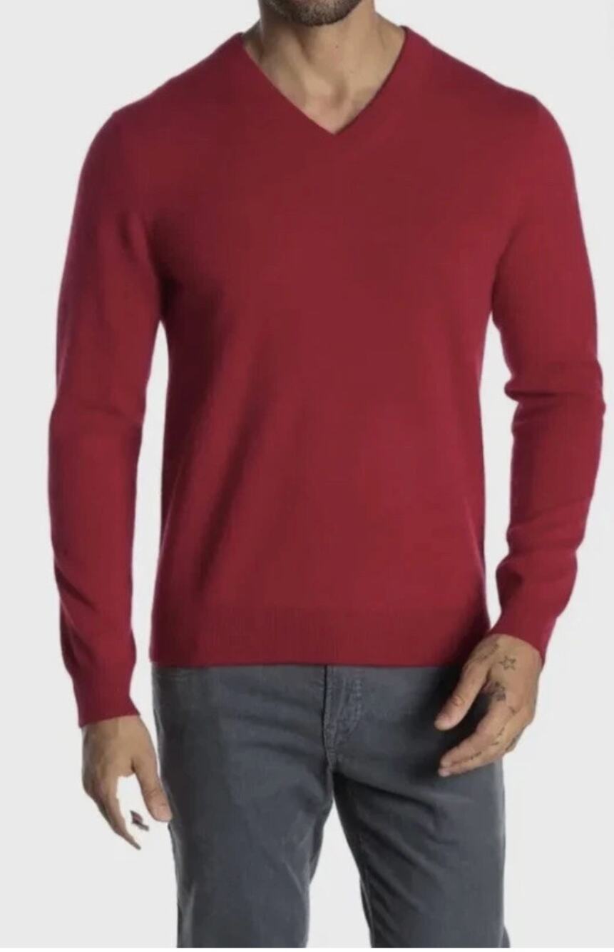 QI Cashmere Men's Bordo Burgundy Red Sweater Rib Knit V-Neck Pullover L Large